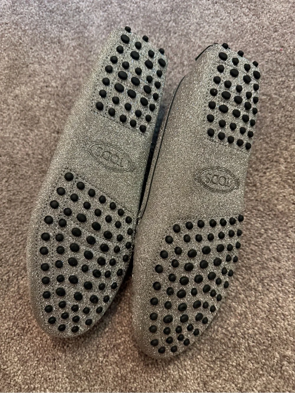 Tod's Silver Glitter Leather Gommino Driving Shoes